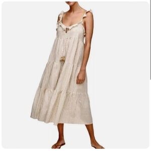 J Crew Beachwear Linen Blend Cream Tan Stripe Ruffled Tiered Midi Dress Size M